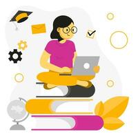 Woman sitting with laptop and books. Online education concept vector