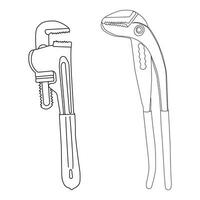 Crossed Adjustable Pipe Wrench or Monkey Wrench Retro Black and White.Black silhouette of pipe wrench on white background. Isolated drawing vector