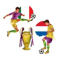 Two football players with the ball and the champion's cup against the background of the flags of different countries. Vector illustration. Sports banners, flyers, invitations, clothes.