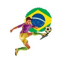 Football player kicking the ball on the background of the flag. Vector illustration. Design element for sports banners, flyers, invitations, clothes.