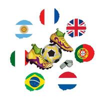 Football boots, ball and whistle on the background of flags of different countries. Vector illustration. Design element for sports banners, flyers, invitations, clothes.