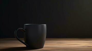 Generative AI, Black ceramic cup set-up in at home interior, mug mock up blank. photo