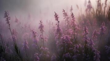 Generative AI, Close up growing lavender field with perfume smoke, flowering lavandula, pink purple flowers and grass. photo