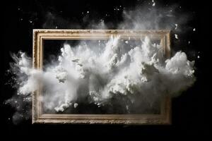 Generative AI, White powder splash and smoke around empty vintage beautiful frame. photo