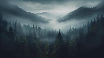, Misty fir forest beautiful landscape in hipster vintage retro style, foggy mountains and trees photo