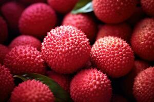 Generative AI, Macro Fresh Juicy of lychee fruit background. Closeup photo, summer Thailand food. photo
