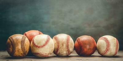 Generative AI, Rough and rugged texture of old baseball balls close up on vintage background photo