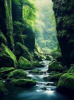 cliff scenery with flowing river and green trees, generative ai photo