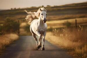 blanco caballo corriendo corriendo a lo largo un arenoso la carretera en verano puesta de sol fondo, creado con generativo ai tecnología foto