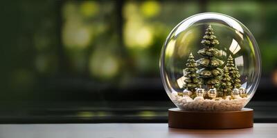 Christmas banner with snow globe. Winter fir tree in glass ball. Merry Christmas and Happy New Year. Festive decoration, 3d illustration. Banner with copy space. Generative AI photo