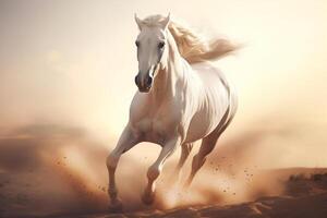 blanco caballo corriendo en el arena en verano atardecer, creado con generativo ai tecnología foto