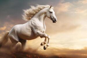 White horse running on the sand, created with Generative AI technology photo