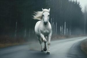 blanco caballo corriendo en la carretera en niebla bosque fondo, creado con generativo ai tecnología foto