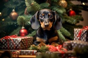 Dog near christmas tree at home. Cheerful dachshund puppy posing against Christmas background.  Generative AI. photo