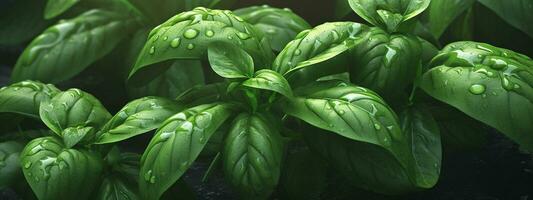 Fresh sweet basil plant with green leaves with drops of water. Fresh herbs for cooking, used in cuisines worldwide. Health eating. Banner.  Generative AI. photo