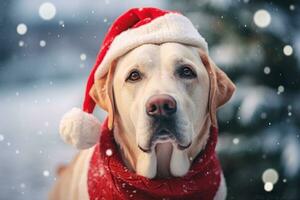 Cheerful  Labrador in santa hat  against winter snow background outdoor. Merry Christmas and Happy New Year. Generative AI photo