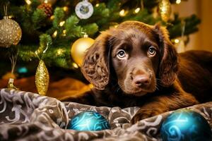 Dog near christmas tree at home. Brown spaniel posing against Christmas background. Generative AI. photo