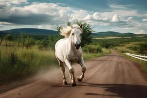 White horse running running along a road in summer time, created with technology photo