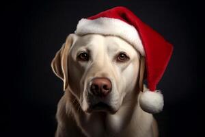 Cheerful brown Labrador in santa hat against black background. Merry Christmas and Happy New Year. Close up.  Generative AI photo