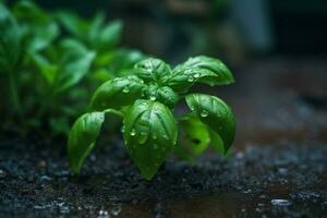 Fresco dulce albahaca hojas con gotas de agua. albahaca planta con verde hojas en oscuro antecedentes. Fresco hierbas para cocinando, usado en cocinas mundial. ocimum basilicum. salud comiendo foto