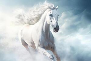 blanco caballo corriendo en niebla nubes, creado con generativo ai tecnología foto
