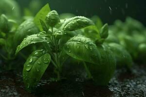 Fresh sweet basil leaves with drops of water. Basil plant with green leaves on dark background. Fresh herbs for cooking, used in cuisines worldwide. Ocimum basilicum. Health eating photo