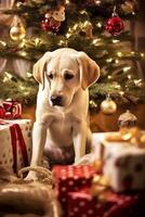 Cheerful  Labrador siting  against christmas background. The dog labrador is waiting for a celebration at home. Banner. Generative AI photo