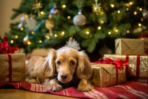 Dog near christmas tree at home. Cheerful dog posing against Christmas background. Generative AI. photo