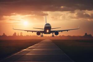 aterrizaje un avión en contra un vistoso cielo a puesta de sol. pasajero aeronave volador arriba terminado el nubes en el puesta de sol ligero. el concepto de rápido viajar, recreación y negocio. generativo ai foto