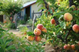 Peaches growing on a tree in the summer on village background. Garden with ripened fruits. Delicious and healthy organic nutrition. Natural Fruit.  Copy space. Generative AI. photo