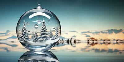 Christmas banner with snow globe. Winter fir tree in glass ball. Merry Christmas and Happy New Year. Festive decoration, 3d illustration. Banner with copy space. Generative AI photo
