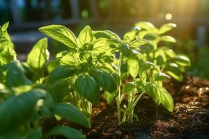 Fresco dulce albahaca hojas. albahaca planta con verde hojas en puesta de sol antecedentes. Fresco hierbas para cocinando, usado en cocinas mundial. ocimum basilicum. salud comiendo concepción foto