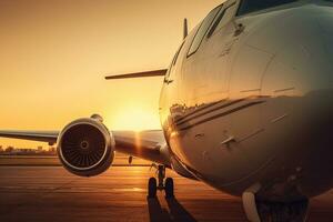 Landing plane against a golden sky at sunset. Passenger aircraft close up in sunset light. The concept of fast travel, recreation and business.  Generative AI photo
