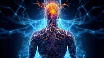 energía de pensamiento. humano cabeza emitiendo resumen fractal estructura a ilustrar trabajando de humano mente, generativo ai ilustración foto