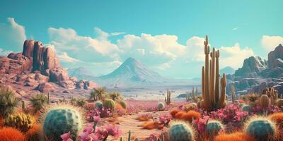 Generative AI, psychedelic and surreal scenery with cactus in the desert. Landscape of the wild west photo