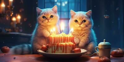 Generative AI, Cat birthday party, cake with a candles photo