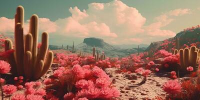 Generative AI, psychedelic and surreal scenery with cactus in the desert. Landscape of the wild west photo