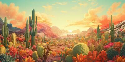 Generative AI, psychedelic and surreal scenery with cactus in the desert. Landscape of the wild west photo