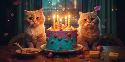 Generative AI, Cat birthday party, cake with a candles photo