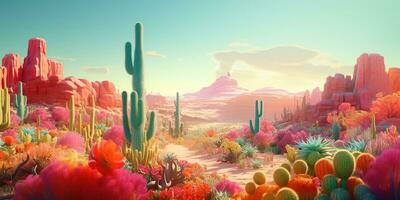 Generative AI, psychedelic and surreal scenery with cactus in the desert. Landscape of the wild west photo