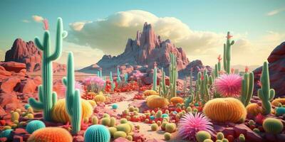 Generative AI, psychedelic and surreal scenery with cactus in the desert. Landscape of the wild west photo