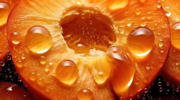 , bright slice of juicy ripe apricot and water drops, macro of summer fruit photo