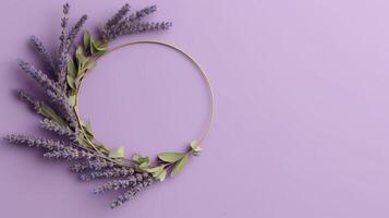 , wreath of lavender branches flowers with copy space, natural organic floral frame violet background photo