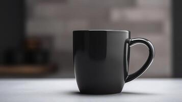 generativo ai, negro cerámico taza configuración en a hogar interior, jarra burlarse de arriba blanco. foto