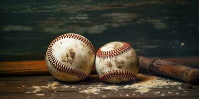 Generative AI, Rough and rugged texture of old baseball balls close up on vintage background photo