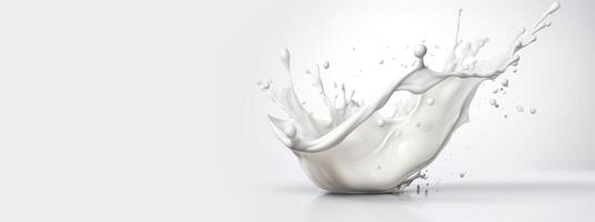 , Flowing liquid with splashes in white color. Glossy creamy milk fluid banner, 3D effect, modern macro photorealistic abstract background illustration photo