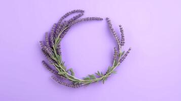 Generative AI, wreath of lavender branches flowers with copy space, natural organic floral frame violet background photo