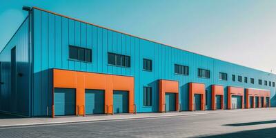 Generative AI, Mini colorful metal self storage facilities rental units, warehouse exterior, industry garage building. photo