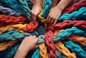 Generative AI, peoples hands working together to untangle a knotted rope. Business teamwork. photo