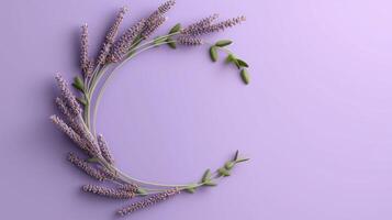 Generative AI, wreath of lavender branches flowers with copy space, natural organic floral frame violet background photo